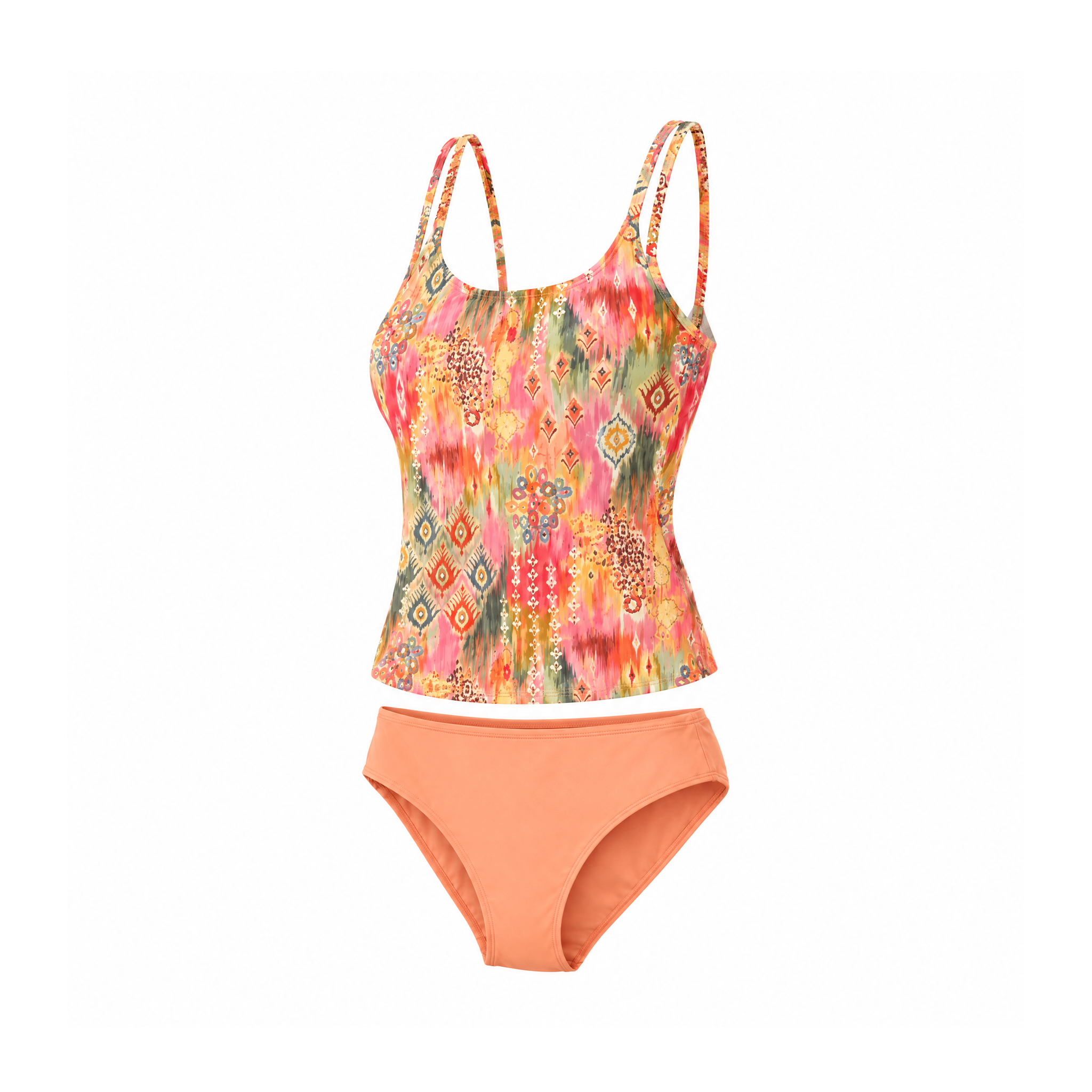 Orange Printed Tankini With Narrow Straps and Plain Briefs — Orange, angled view