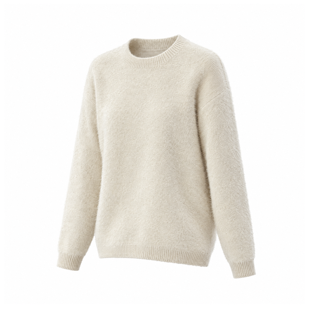Soft Crew-Neck Jumper With Long Sleeves and Ribbed Edges — Beige, angled view