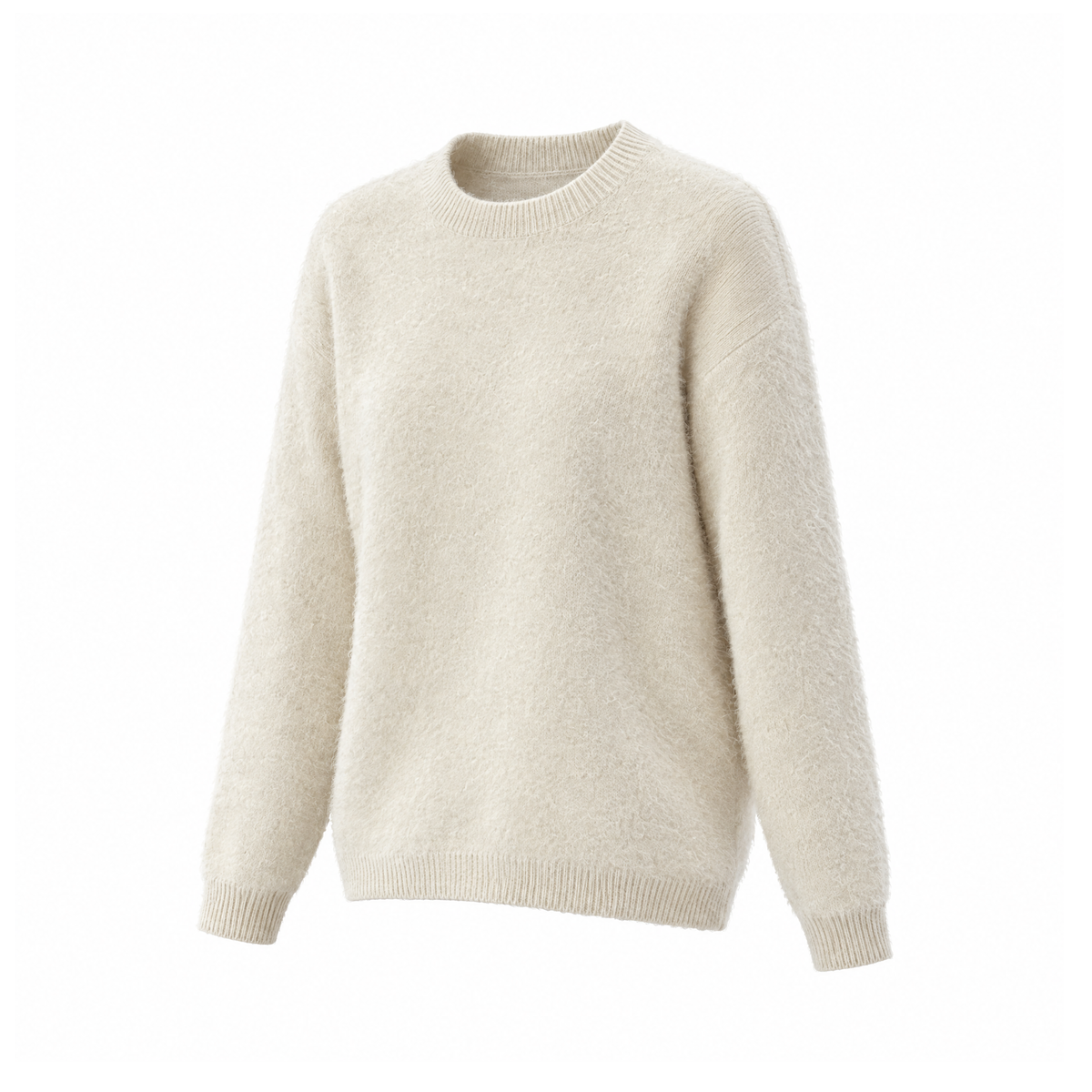 Soft Crew-Neck Jumper With Long Sleeves and Ribbed Edges — Beige, angled view