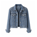 Denim Jacket With Pearl-Style Beads and Buttoned Pockets – Lina — Denim Blue, front view
