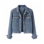 Denim Jacket With Pearl-Style Beads and Buttoned Pockets – Lina — Denim Blue, front view