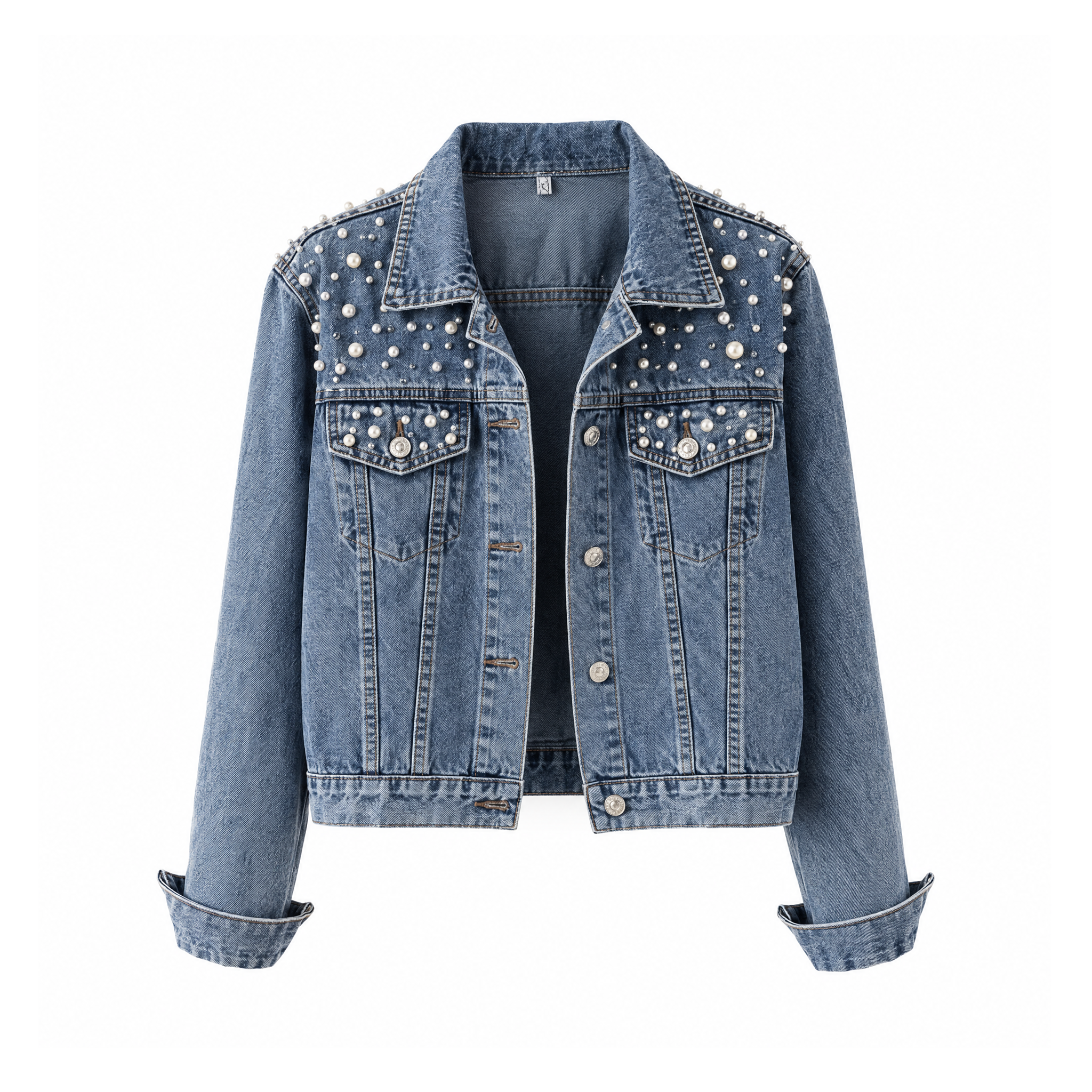 Denim Jacket With Pearl-Style Beads and Buttoned Pockets – Lina — Denim Blue, front view