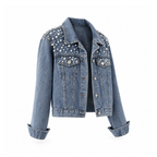 Denim Jacket With Pearl-Style Beads and Buttoned Pockets – Lina — Denim Blue, angled view