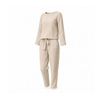 Linen Two-Piece Set With a Long-Sleeve Top and Tie-Waist Trousers — Beige, angled view
