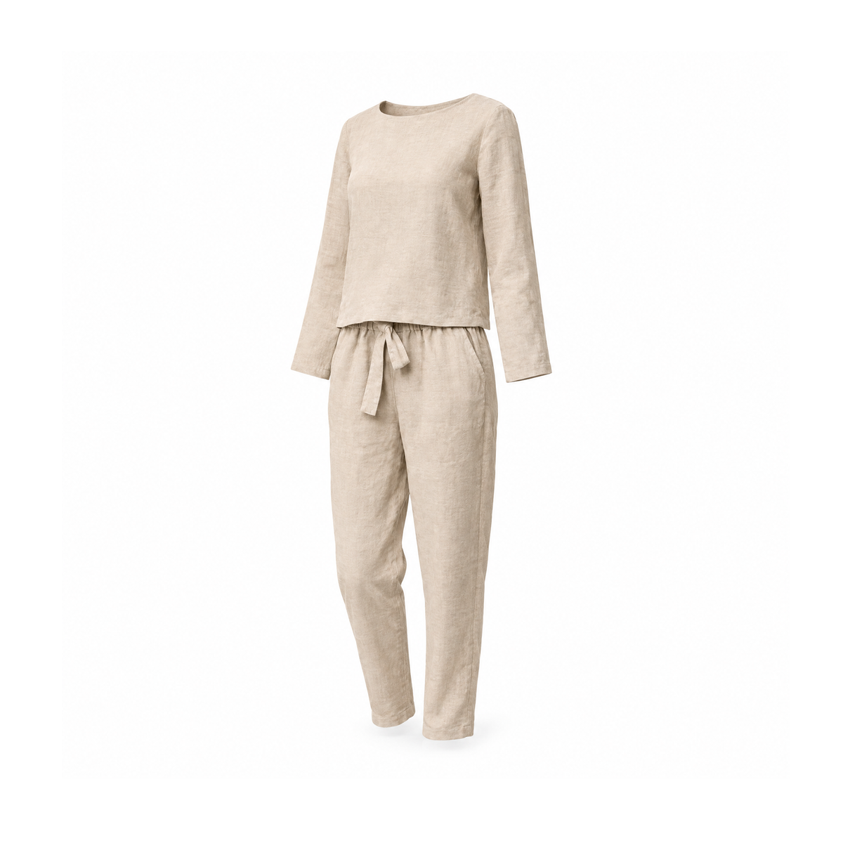 Linen Two-Piece Set With a Long-Sleeve Top and Tie-Waist Trousers — Beige, angled view