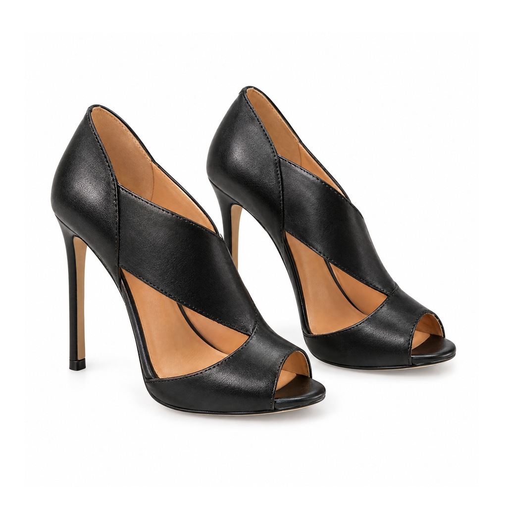 Peep-Toe Stiletto Heels With Side Cutouts and a Closed Back — Black, front view
