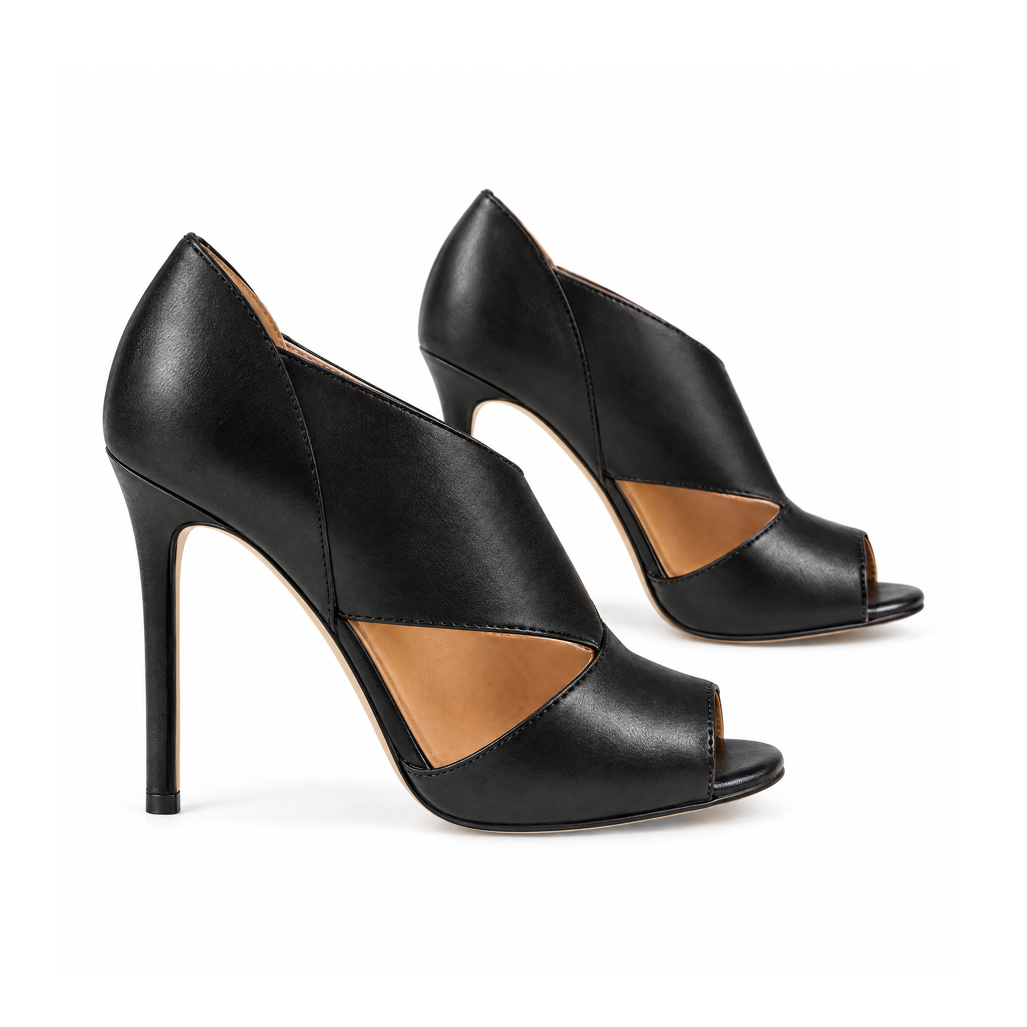 Peep-Toe Stiletto Heels With Side Cutouts and a Closed Back — Black, angled view