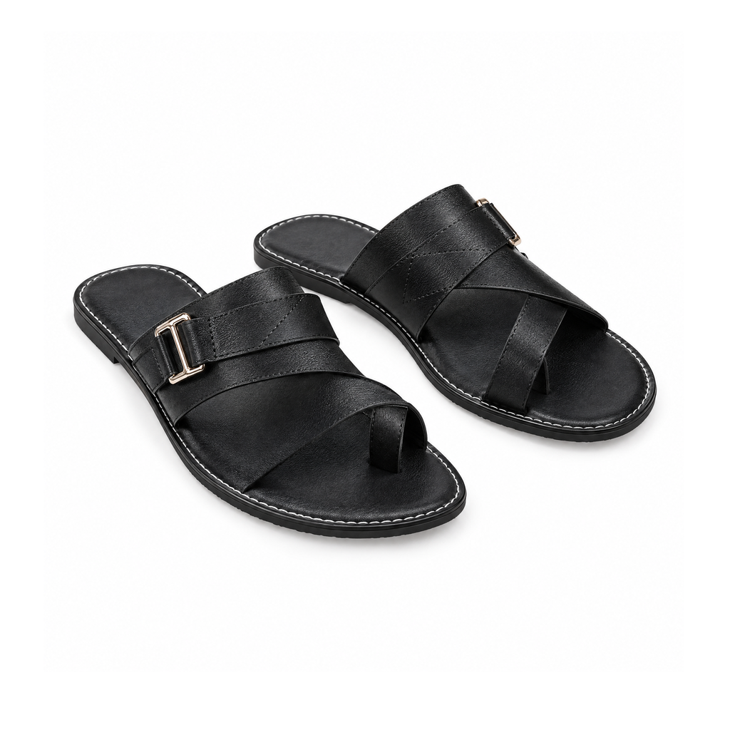 Leather Toe-Loop Slide Sandals With Adjustable Buckle Straps — Black, front view