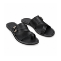 Leather Toe-Loop Slide Sandals With Adjustable Buckle Straps — Black, front view
