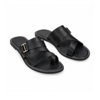 Leather Toe-Loop Slide Sandals With Adjustable Buckle Straps — Black, front view