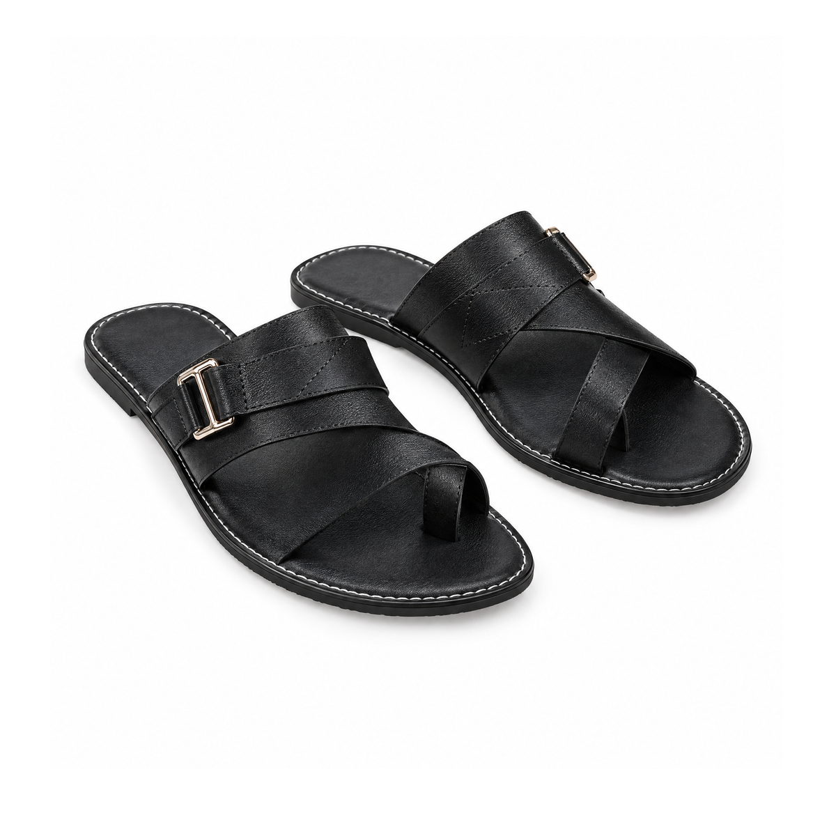 Leather Toe-Loop Slide Sandals With Adjustable Buckle Straps — Black, front view