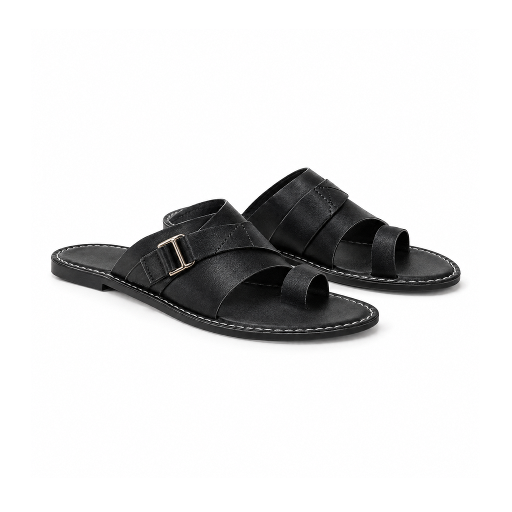 Leather Toe-Loop Slide Sandals With Adjustable Buckle Straps — Black, angled view