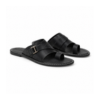 Leather Toe-Loop Slide Sandals With Adjustable Buckle Straps — Black, angled view