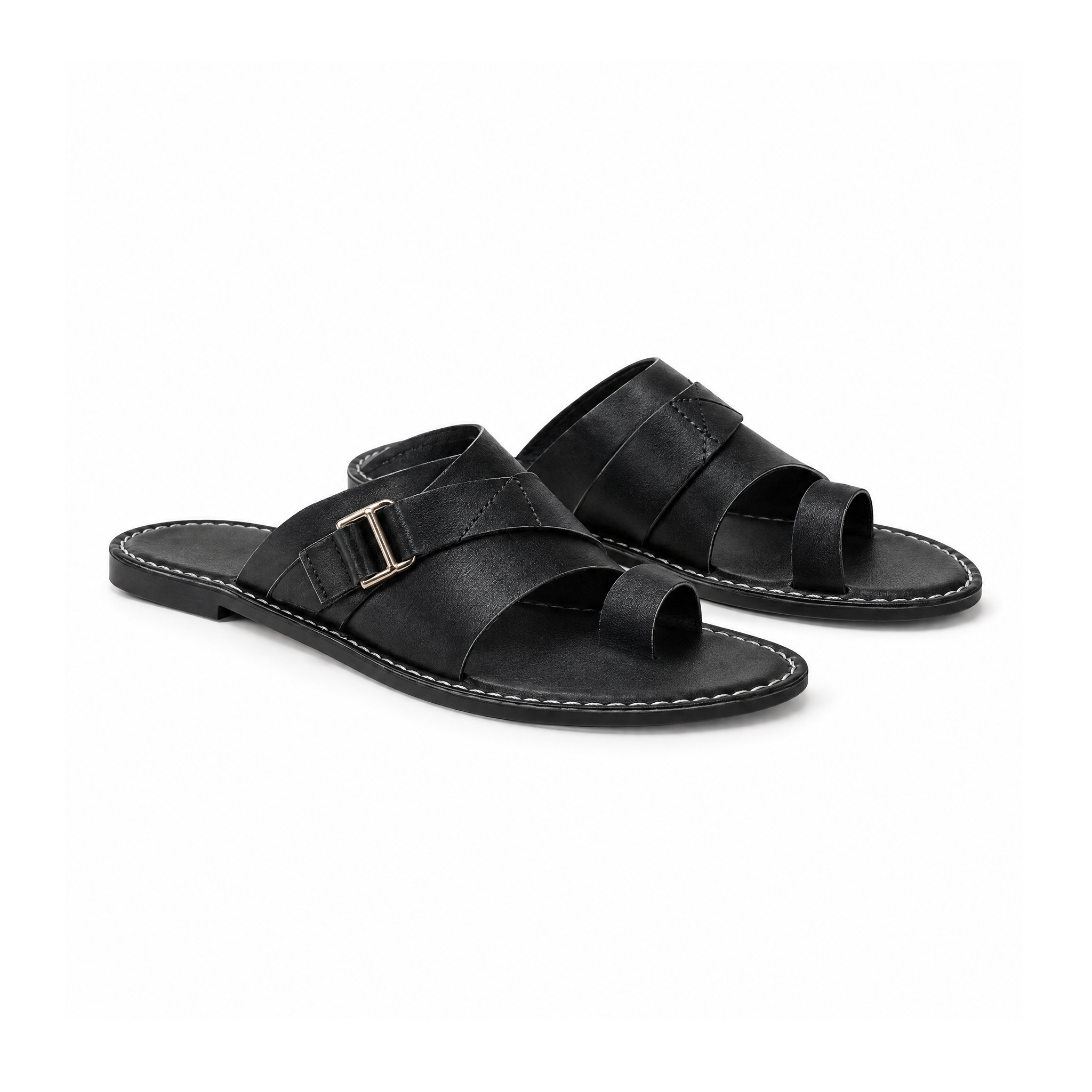 Leather Toe-Loop Slide Sandals With Adjustable Buckle Straps — Black, angled view