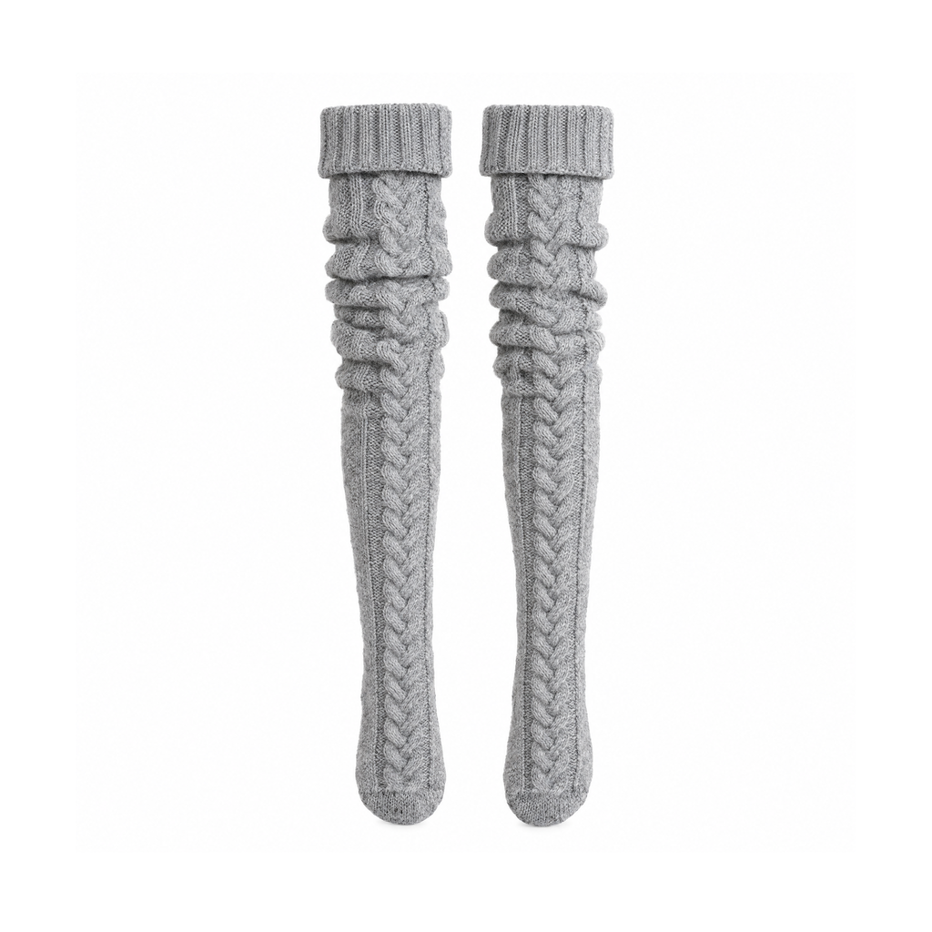 Thigh-High Knitted Socks With Elasticated Tops – KozySocks — Grey, front view