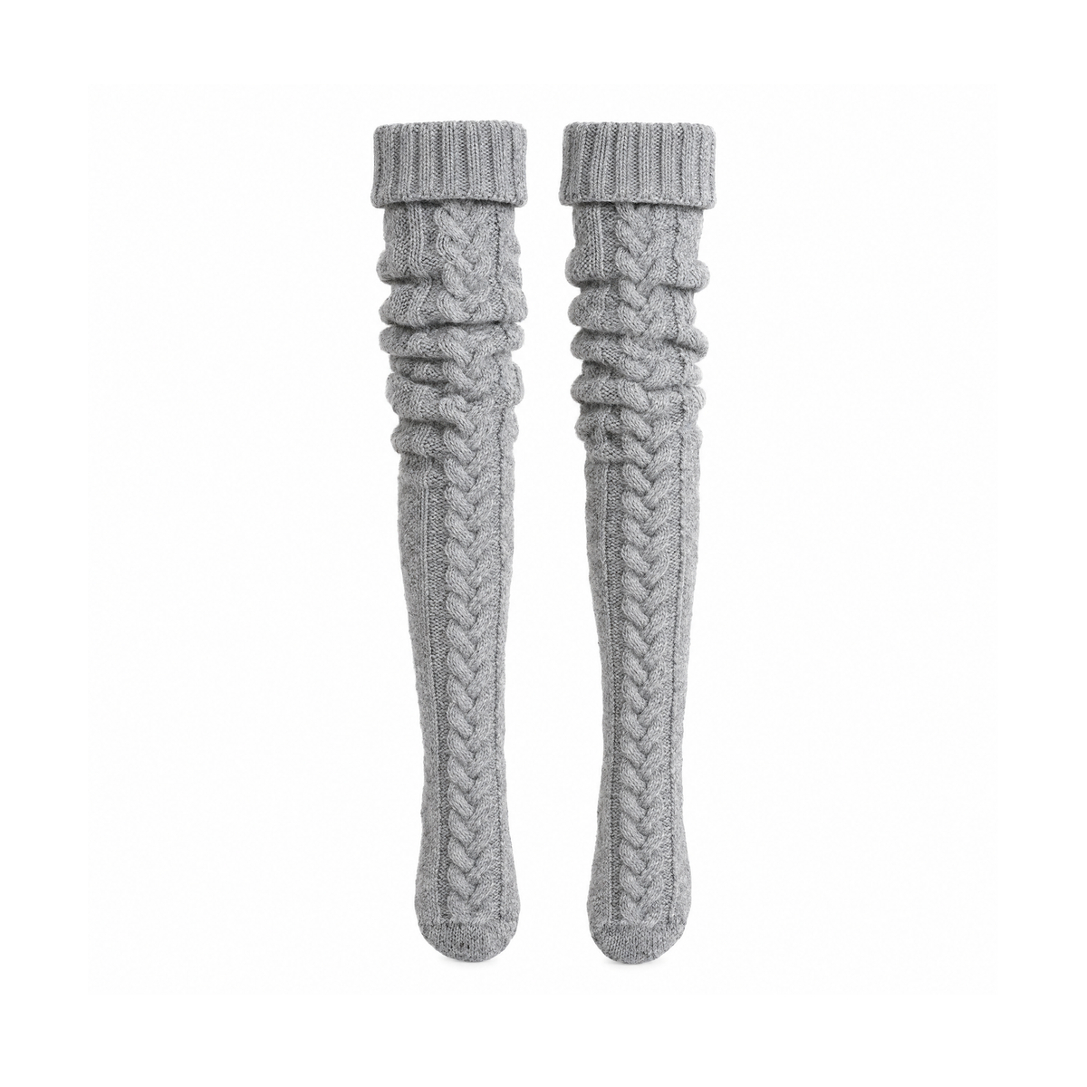 Thigh-High Knitted Socks With Elasticated Tops – KozySocks — Grey, front view