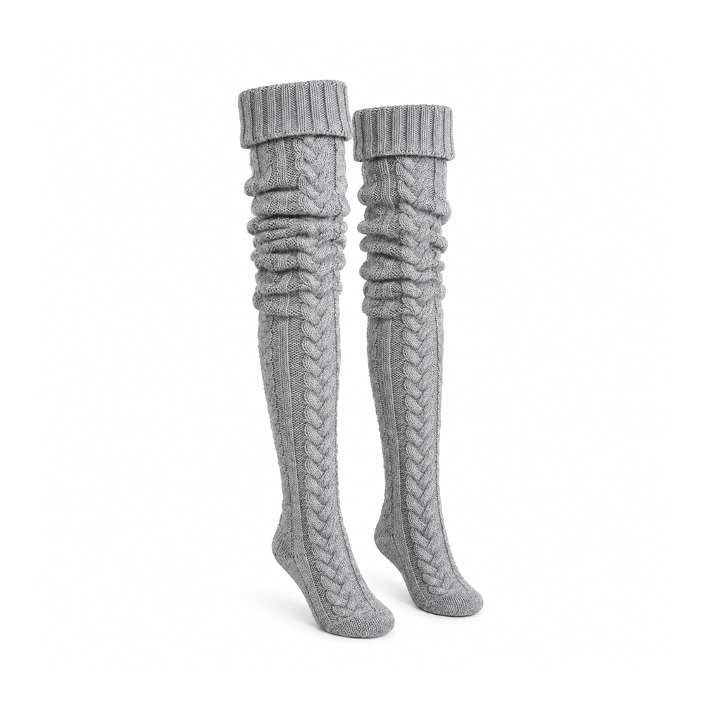 Thigh-High Knitted Socks With Elasticated Tops – KozySocks — Grey, angled view