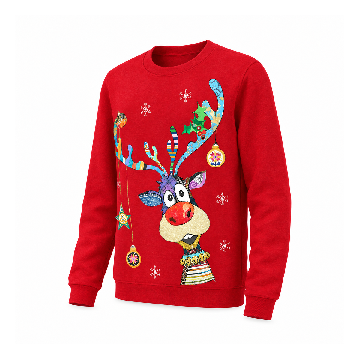 Christmas Jumper With a Round Neck and Colourful Festive Prints — Red, angled view
