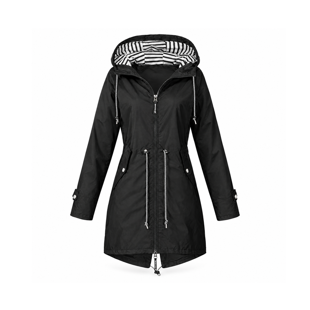 Hooded Zip-Front Coat With a Drawstring Waist and Pockets — Black, front view