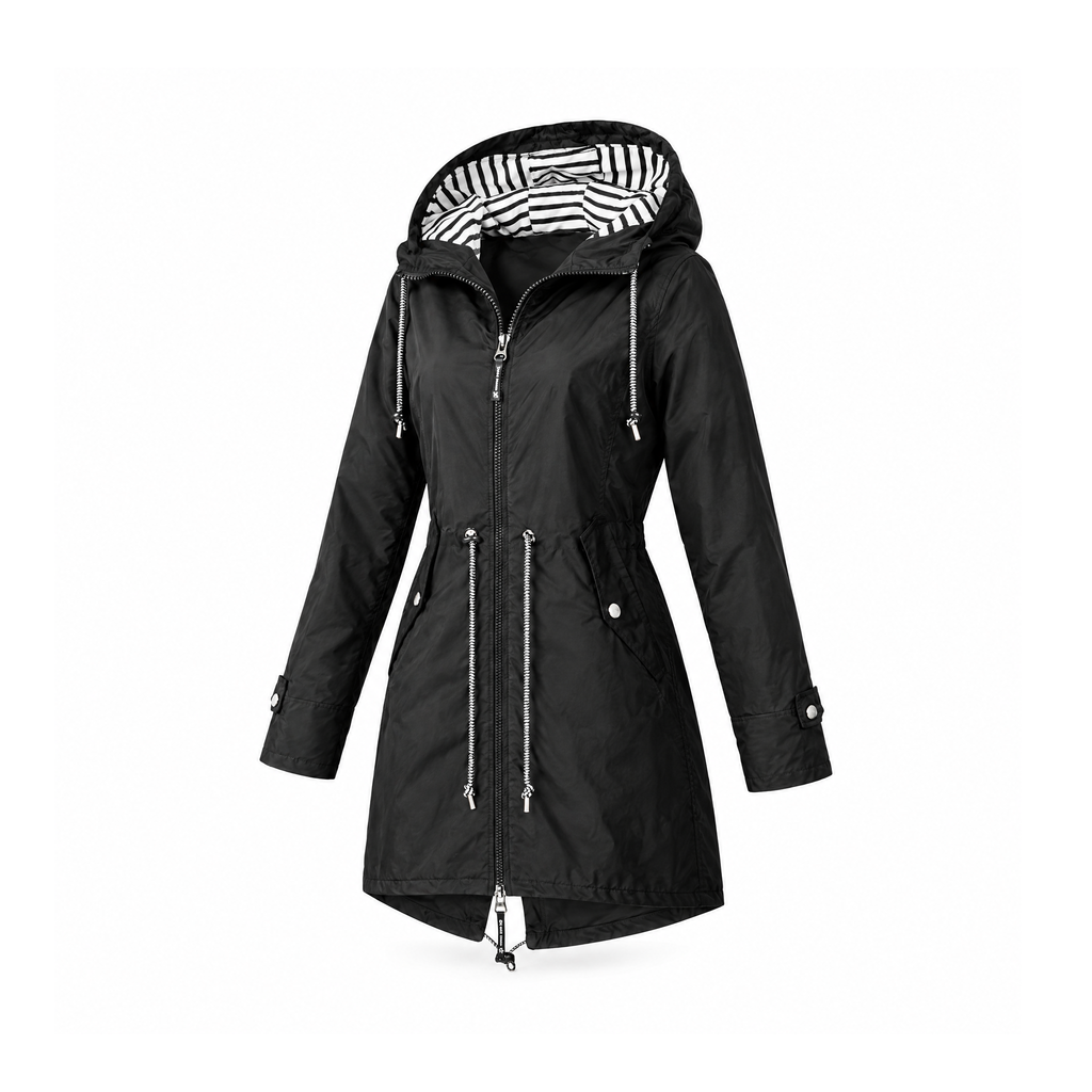 Hooded Zip-Front Coat With a Drawstring Waist and Pockets — Black, angled view
