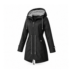 Hooded Zip-Front Coat With a Drawstring Waist and Pockets — Black, angled view