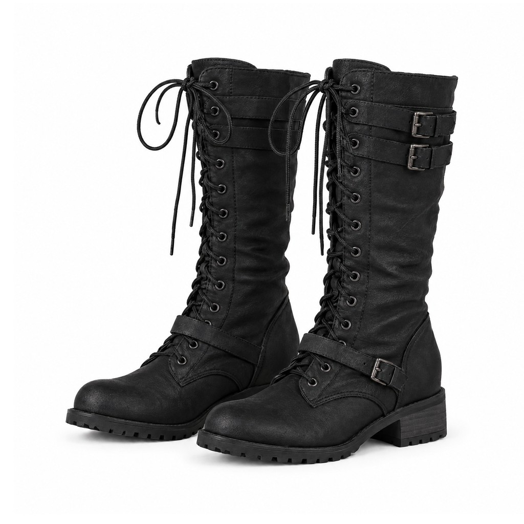 Tall Retro Lace-Up Boots With Buckle Straps and Low Heels — Black, front view