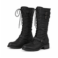 Tall Retro Lace-Up Boots With Buckle Straps and Low Heels — Black, front view