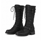 Tall Retro Lace-Up Boots With Buckle Straps and Low Heels — Black, front view