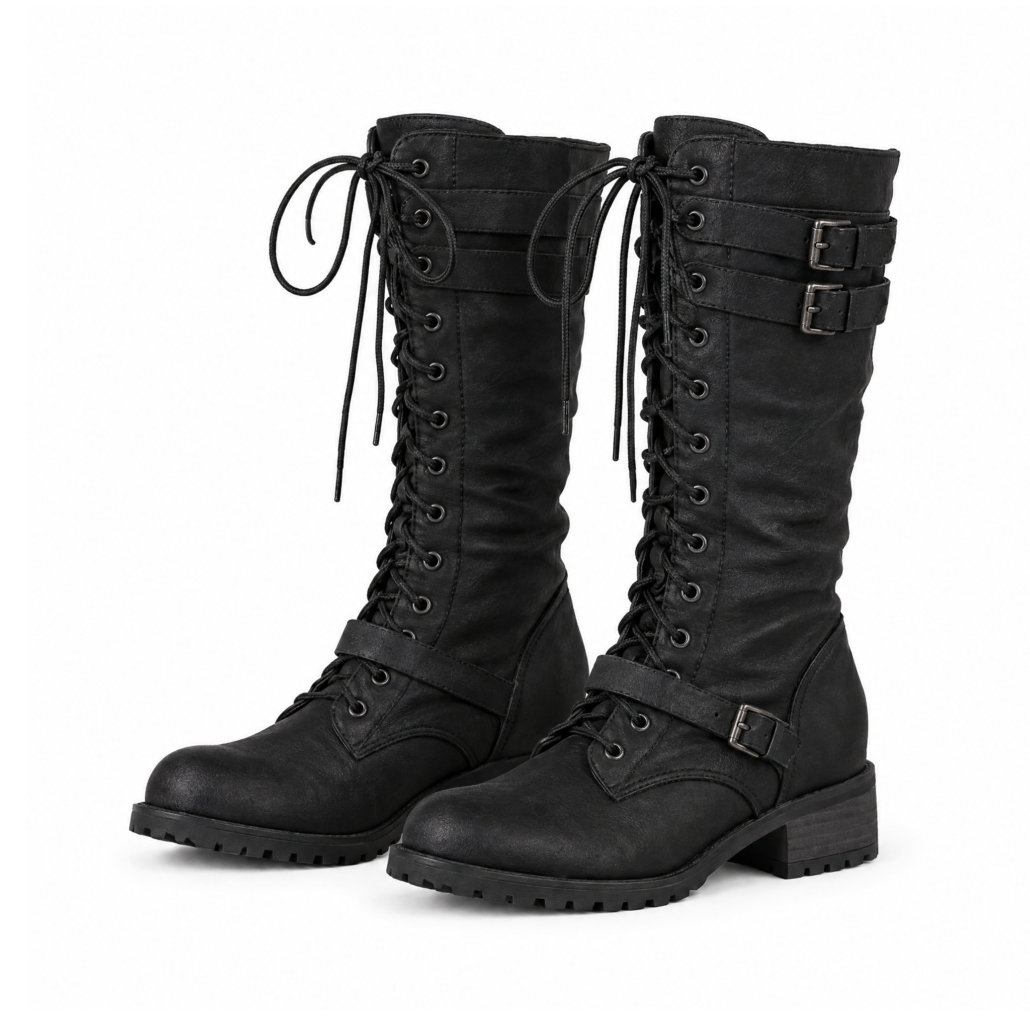 Tall Retro Lace-Up Boots With Buckle Straps and Low Heels — Black, front view