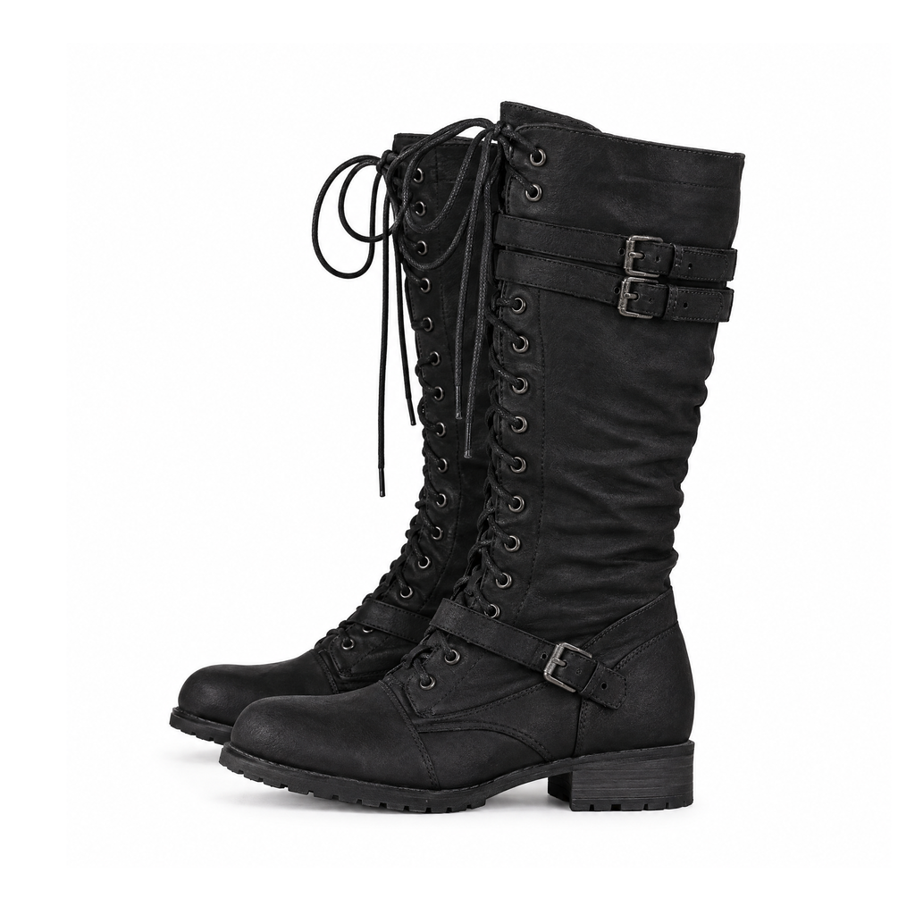 Tall Retro Lace-Up Boots With Buckle Straps and Low Heels — Black, angled view