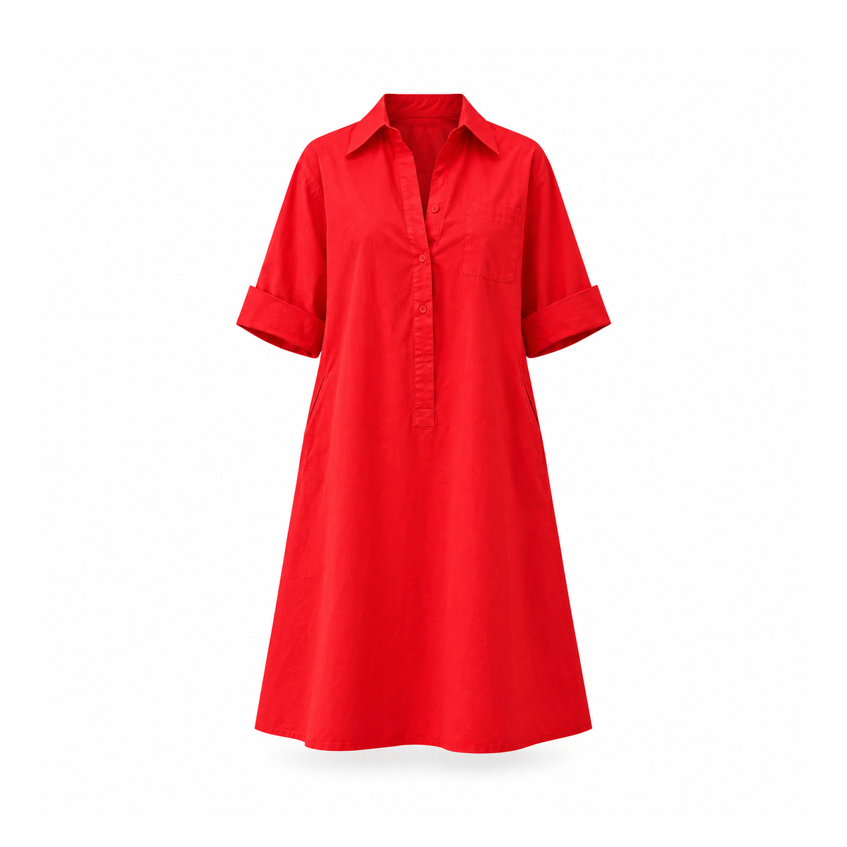 Loose Cotton and Linen Shirt Dress With a Collar and Wide Sleeves — Red, front view