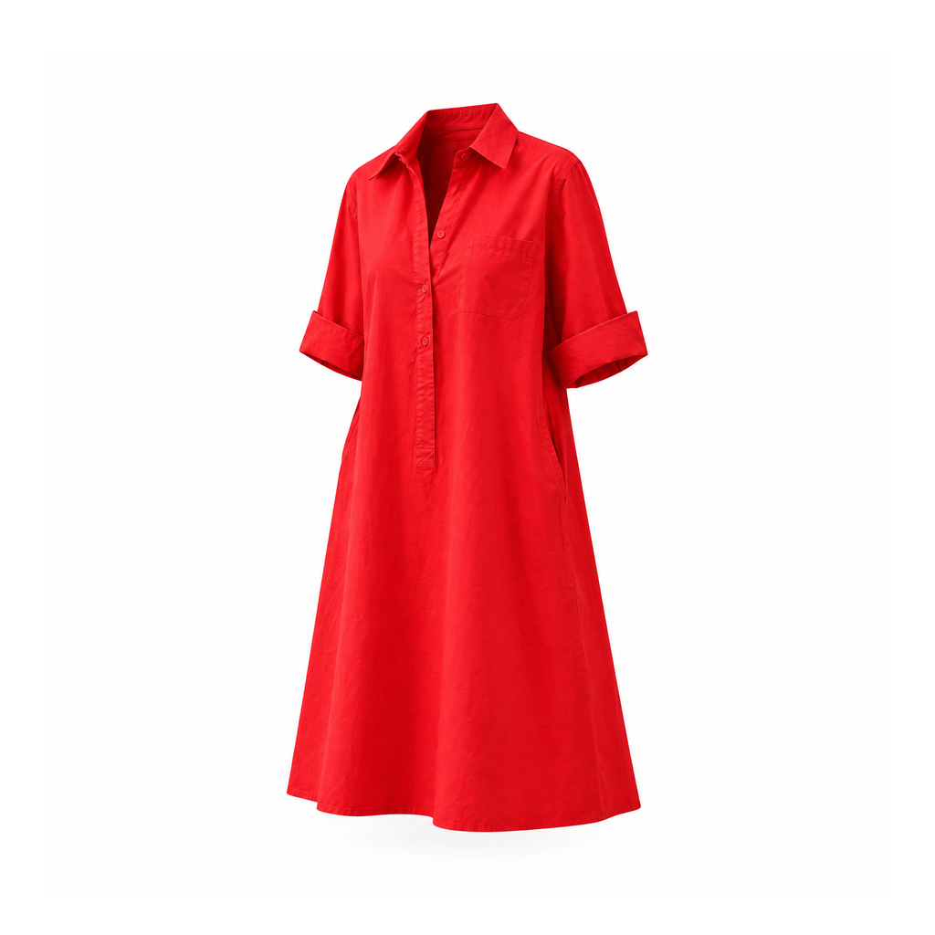 Loose Cotton and Linen Shirt Dress With a Collar and Wide Sleeves — Red, angled view