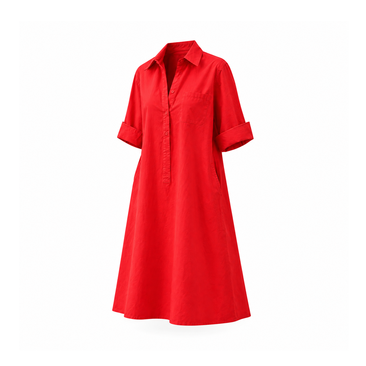Loose Cotton and Linen Shirt Dress With a Collar and Wide Sleeves — Red, angled view