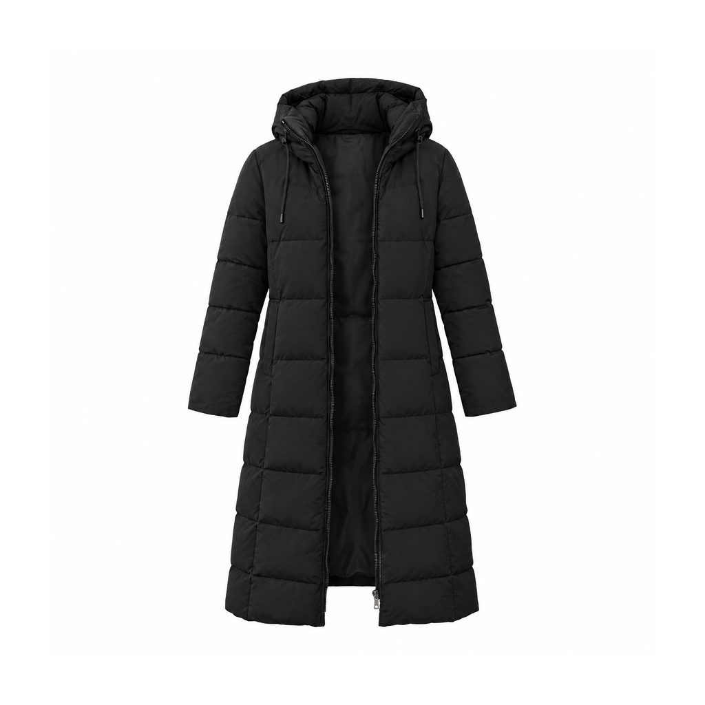 Long Quilted Puffer Coat With a Hood and Front Pockets — Black, front view