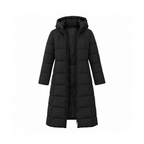 Long Quilted Puffer Coat With a Hood and Front Pockets — Black, front view
