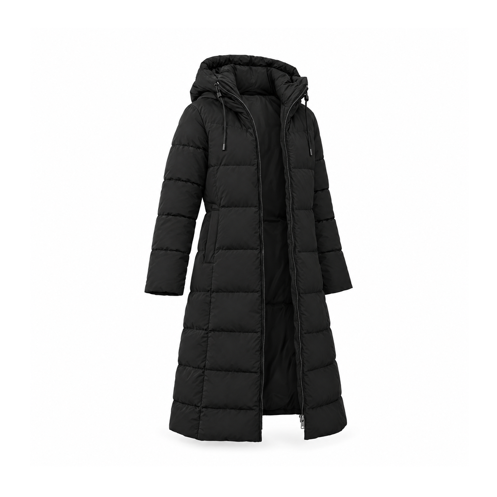 Long Quilted Puffer Coat With a Hood and Front Pockets — Black, angled view