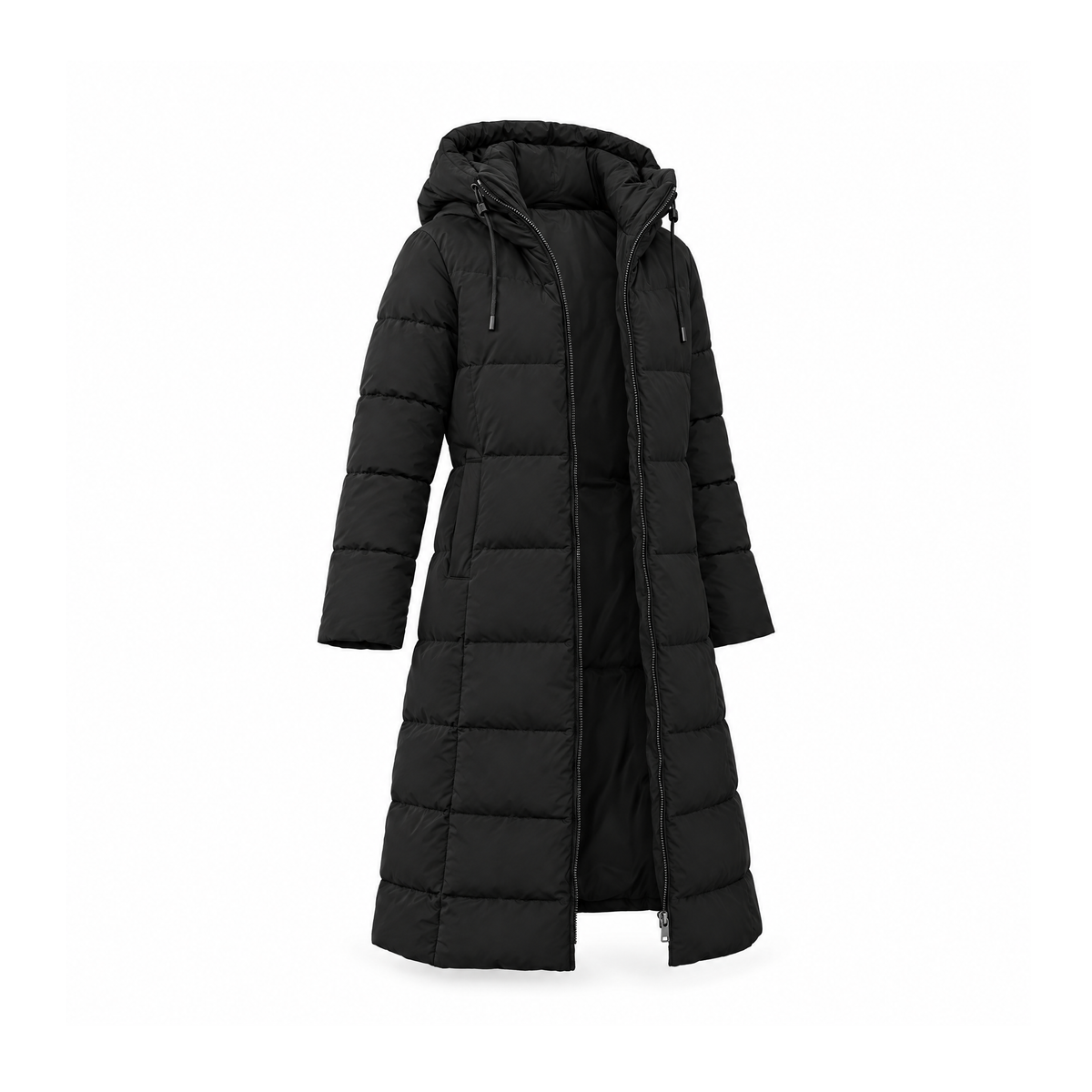 Long Quilted Puffer Coat With a Hood and Front Pockets — Black, angled view
