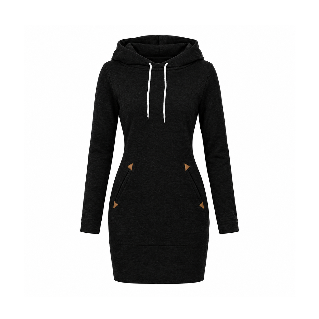 Above-Knee Hoodie Dress With Angled Front Pockets, Hagia — Black, front view