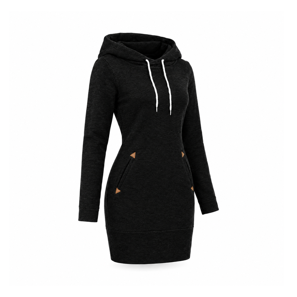 Above-Knee Hoodie Dress With Angled Front Pockets, Hagia — Black, angled view