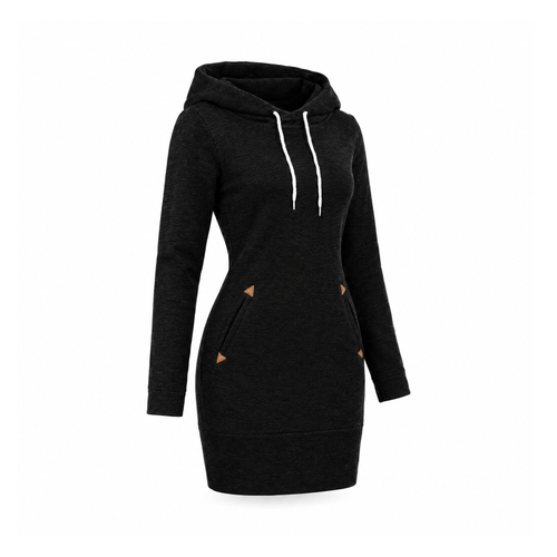 Above-Knee Hoodie Dress With Angled Front Pockets, Hagia — Black, angled view