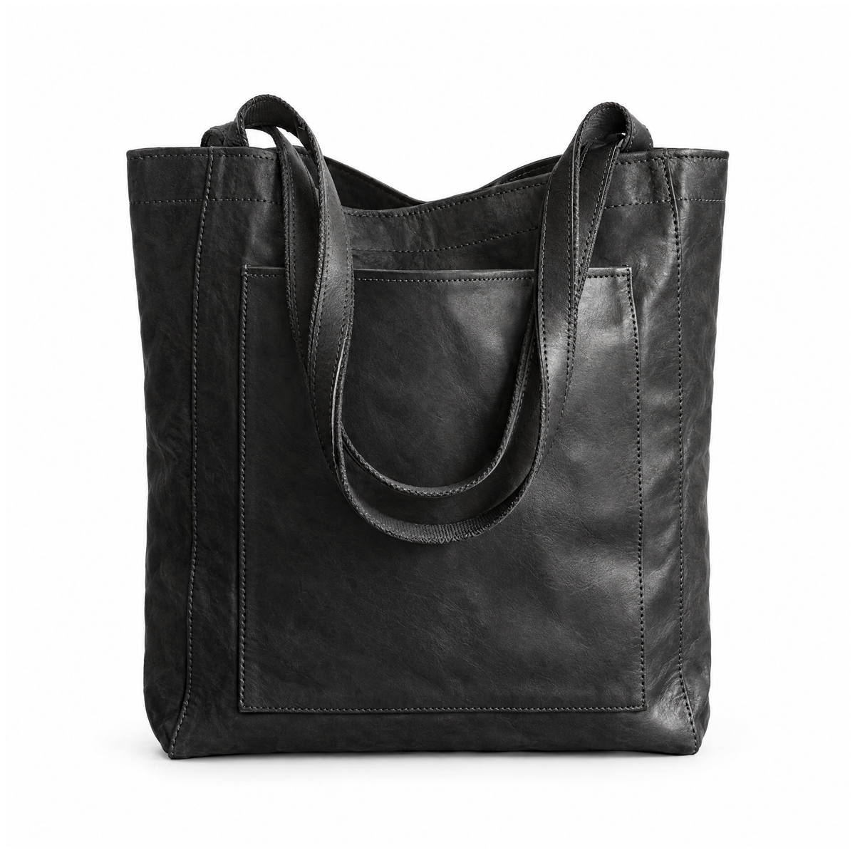 Black shoulder tote bag with long handles and a front patch pocket, front view