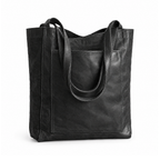Black shoulder tote bag with long handles and a front patch pocket, angled view