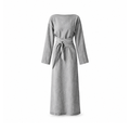 Light grey maxi dress with a wide neckline and wraparound waist ties, front view