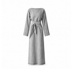 Light grey maxi dress with a wide neckline and wraparound waist ties, front view