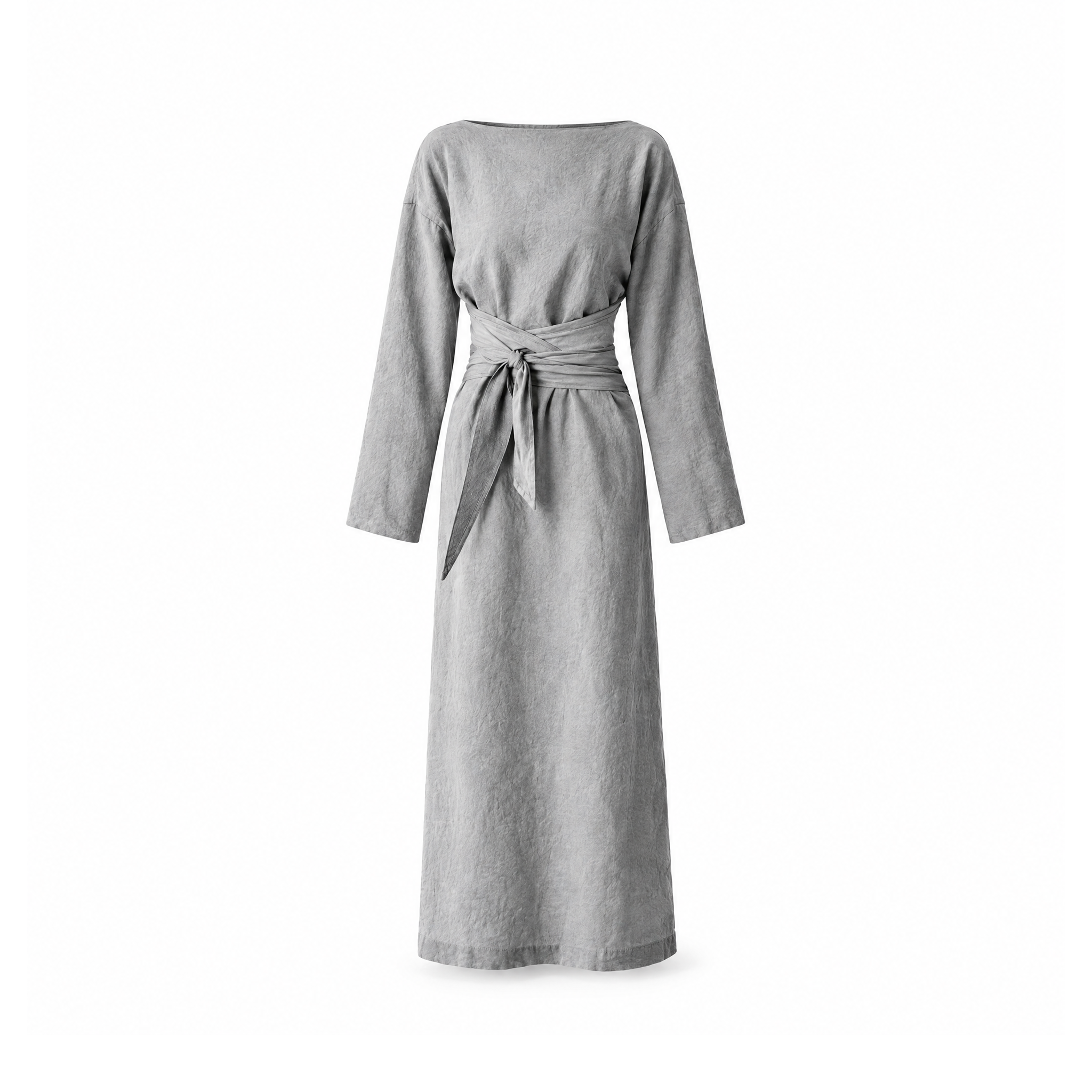 Light grey maxi dress with a wide neckline and wraparound waist ties, front view