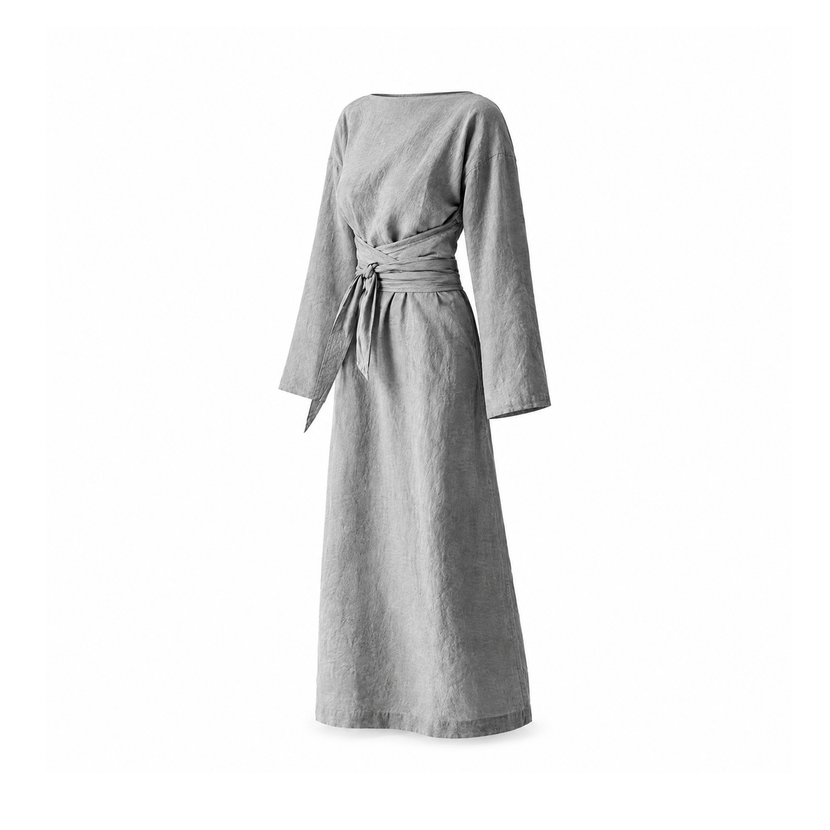 Light grey maxi dress with waist ties, three-quarter view