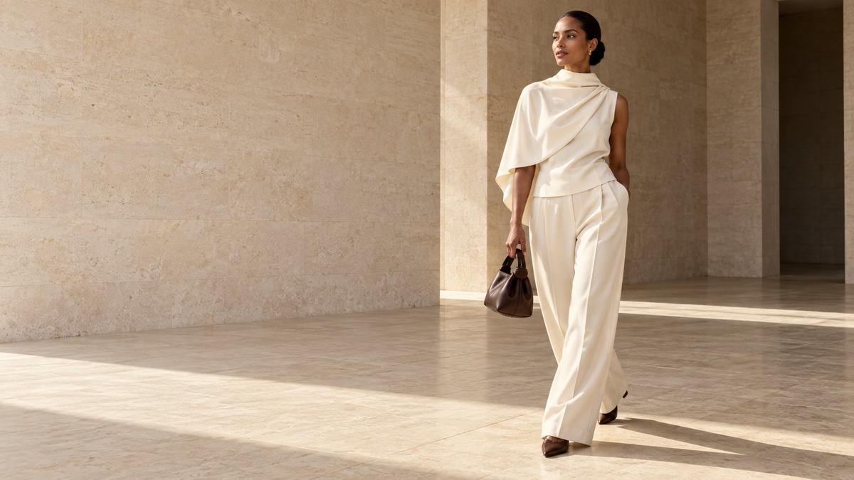 Woman wearing an ivory draped top and tailored trousers, carrying an espresso handbag in a sunlit limestone gallery.