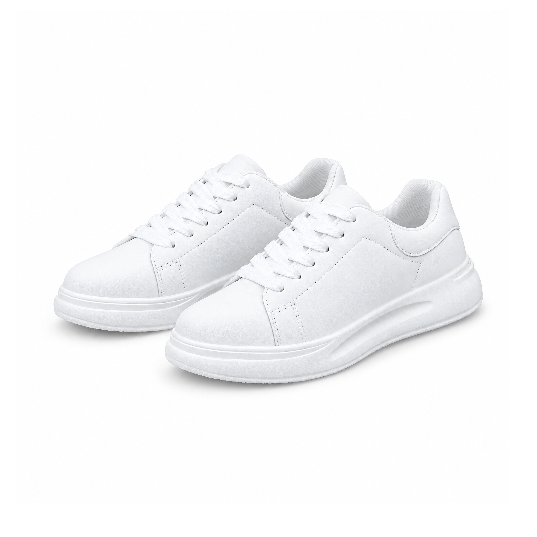 White lace-up trainers with thick soles, pair shown from the front side