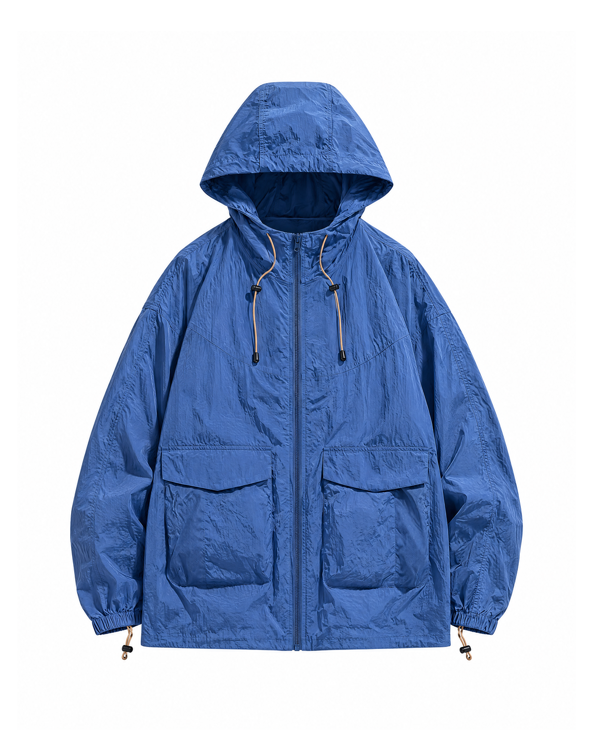 Blue lightweight hooded nylon jacket, straight-on front view with the full-length zip closed, two flap patch pockets and drawcord hood