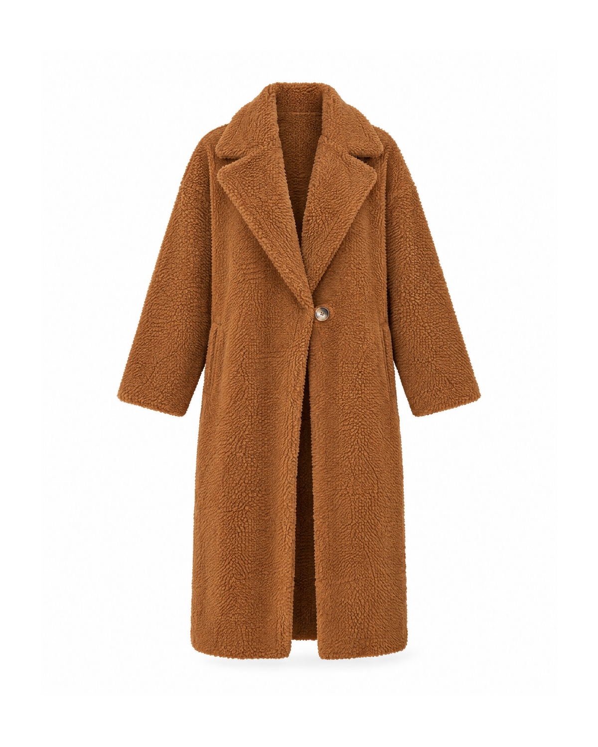 Camel oversized teddy coat shown open from the front on a white background, with a wide notch lapel and a single waist button